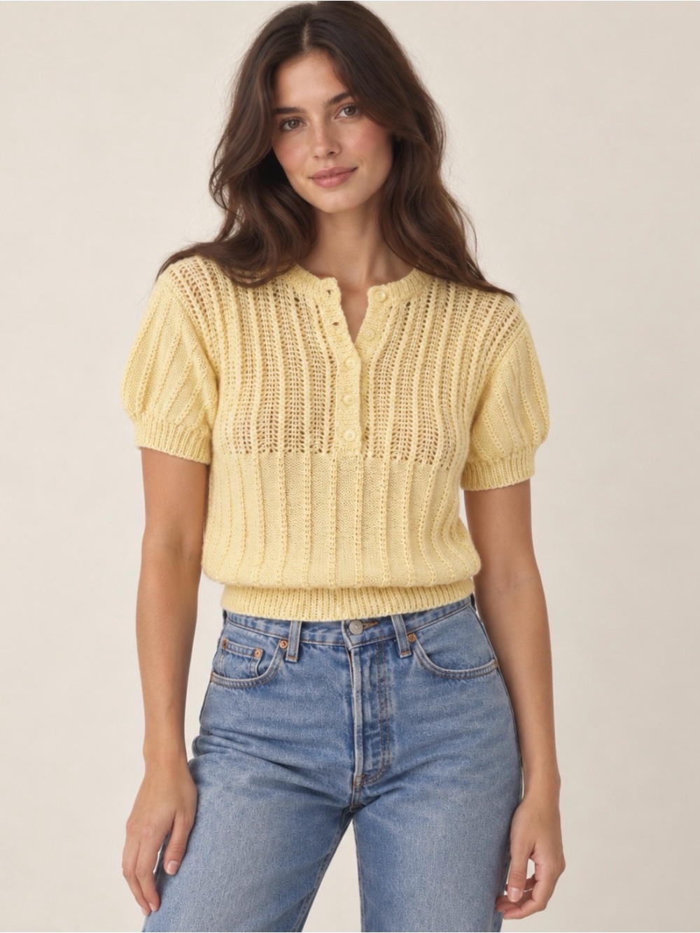 Handmade Pale Butter Yellow Knit Henley Short Sleeve Sweater S/M